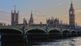The image shows Westminster and the Houses of Parliament where decisions on UK renewable energy is made.