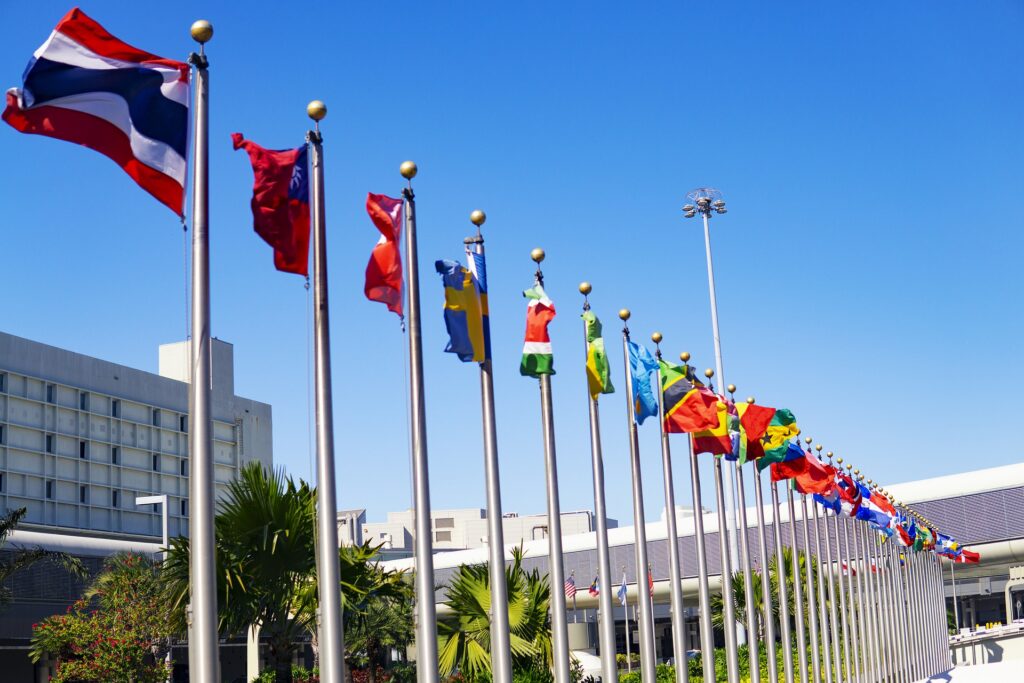 United Nation Flags fluttering in the wind ahead of sustainable development conference