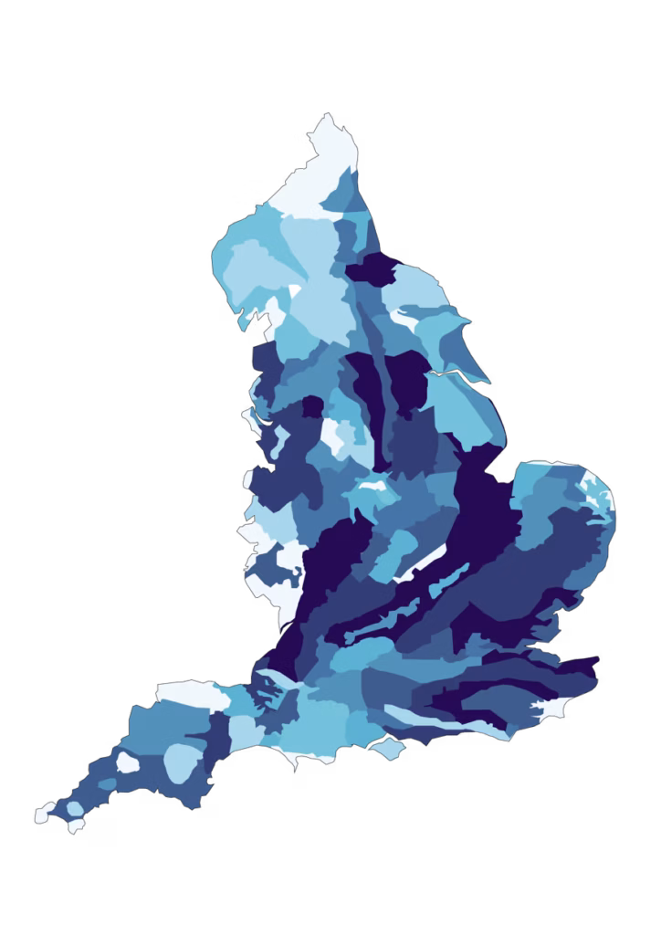 A color-coded map of England highlighting biodiversity net gain implementation across various cities, including Newcastle-upon-Tyne, Scarborough, Leeds, Manchester, Lincoln, Nottingham, Birmingham, Cambridge, Norwich, Oxford, London, Canterbury, Bristol, and Southampton. The map uses different shades of blue to indicate regional variations.