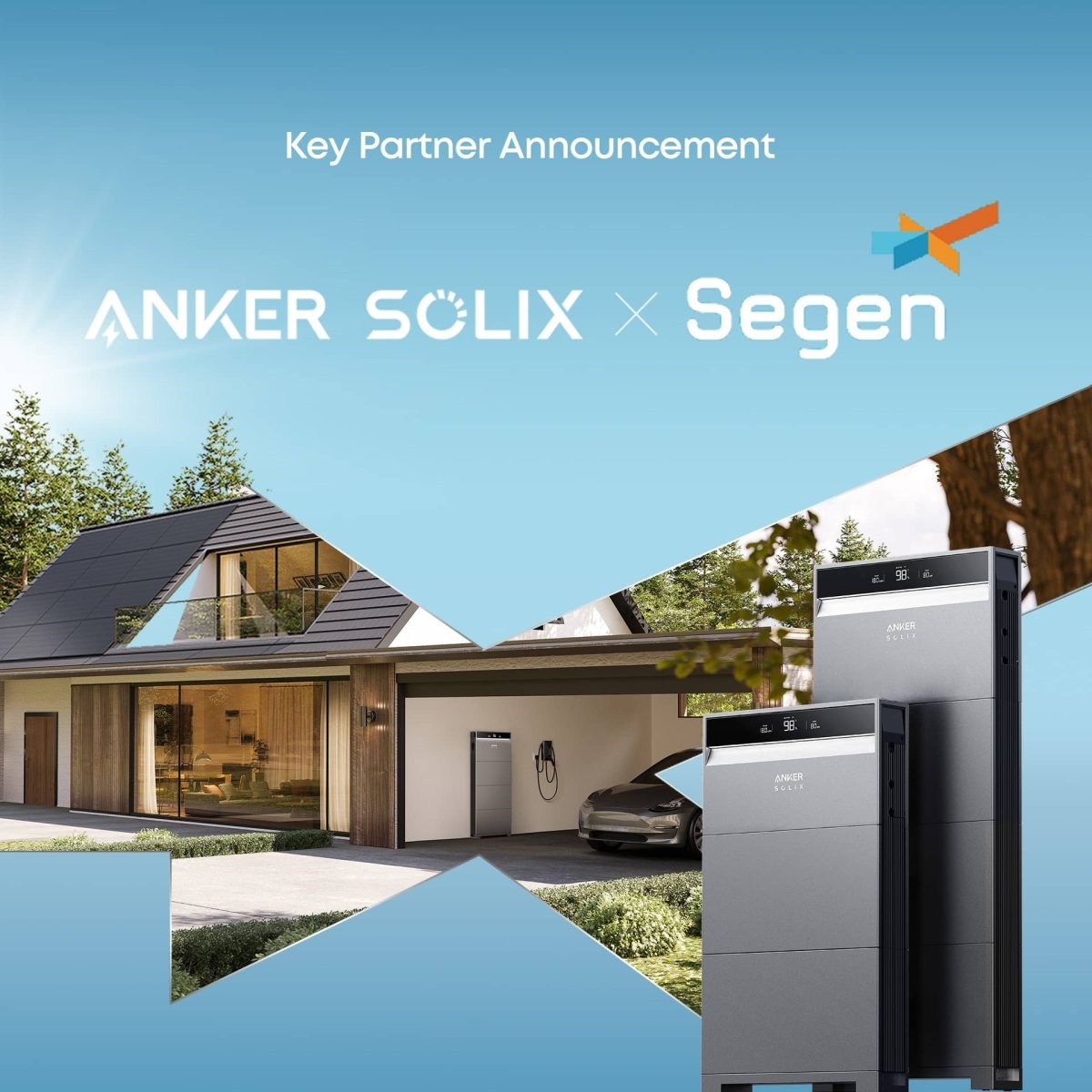 Futureproof energy storage partnership between Anker SOLIX and Segen, showcasing home battery storage systems against a modern solar-powered house.
