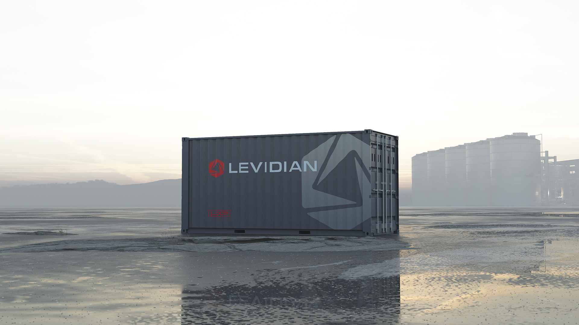 Levidian LOOP container unit operating as a mobile decarboniser for converting methane into clean hydrogen and graphene near industrial infrastructure.