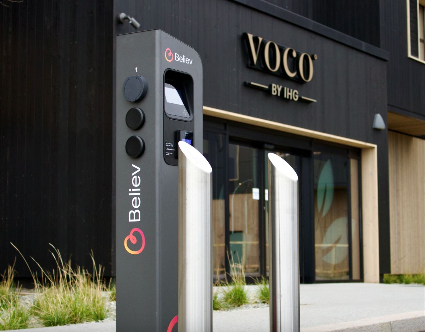 EV charging station by Believ installed at voco Zeal Exeter Science Park, showcasing infrastructure at hotels with EV charging in the UK.