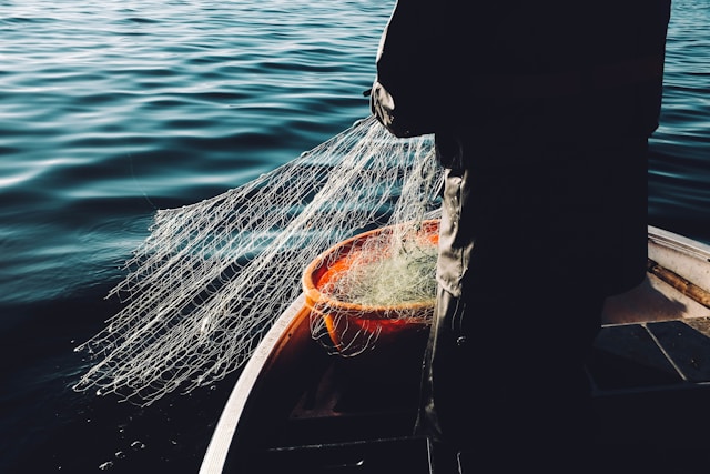 A fisherman standing on a boat, pulling in a net over deep blue water—an ideal setting where a salt water purifier for boats ensures access to clean drinking water during long fishing trips.







