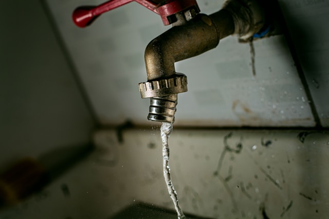 A close-up of a faucet with a metal hose attachment releasing a stream of water, illustrating the need for a water purifier for hard water in residential plumbing.