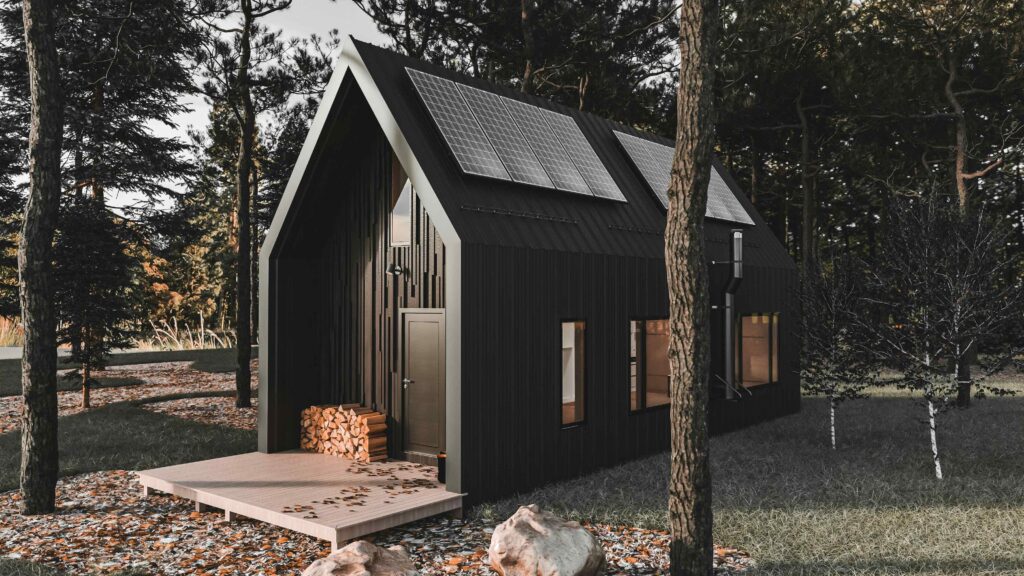 Tiny House outside black with wood pile in view 