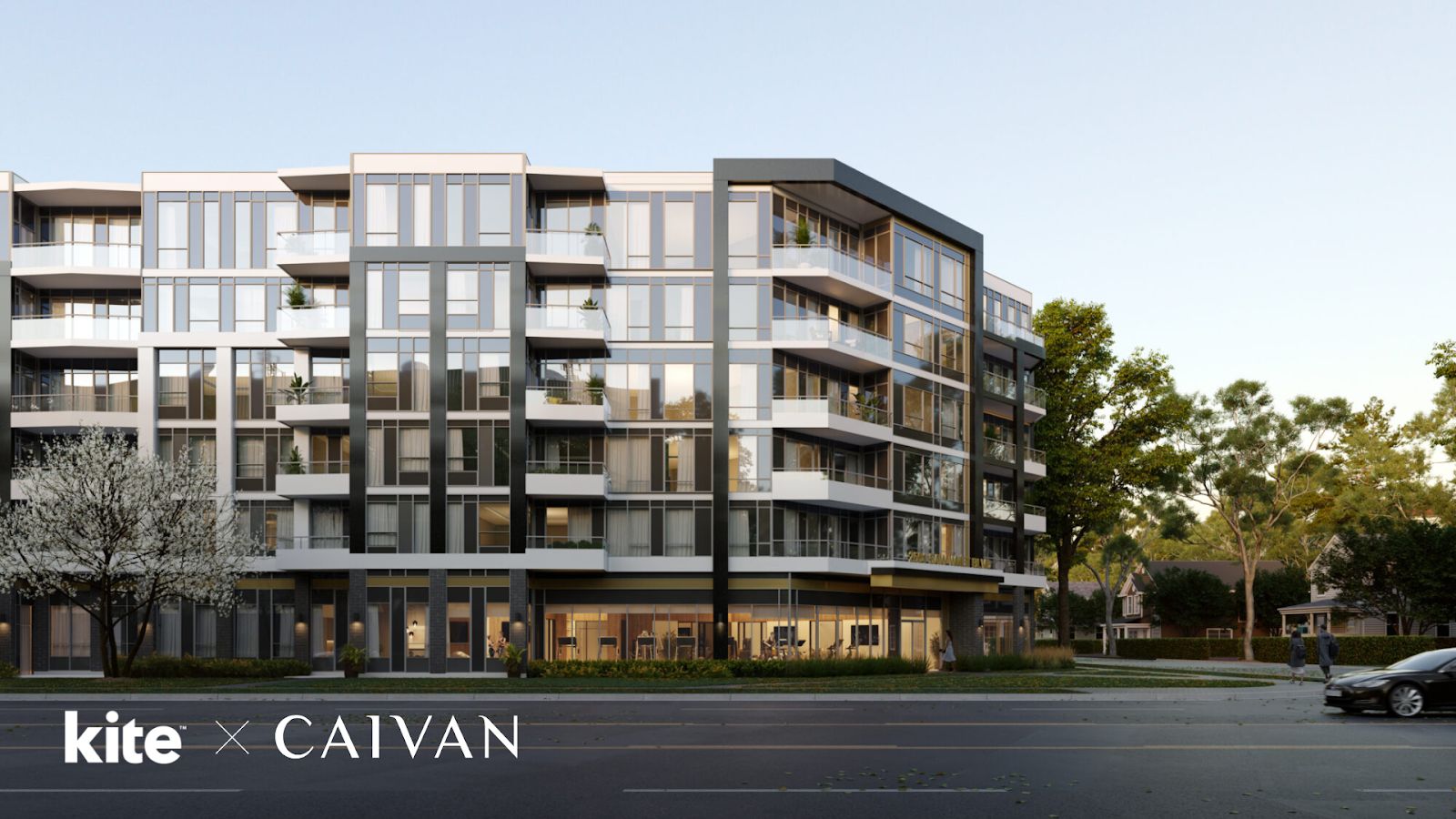 Kite Mobility and Caivan partner to launch electric ride shares at The Saw Whet residential development in Oakville, featuring a modern multi-story apartment building with ground-floor retail space and landscaped surroundings.