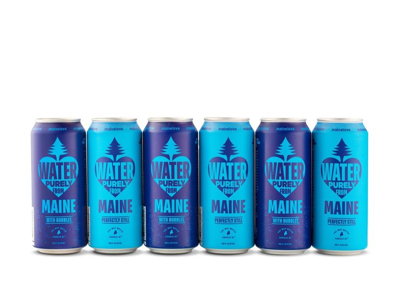 mainelove™ aluminum cans showcasing sustainable water packaging from Maine, including still and sparkling water varieties