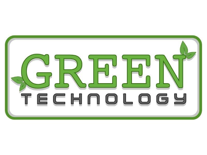A digital graphic featuring the phrase "GREEN TECHNOLOGY" in bold, stylized fonts. The word "GREEN" is in large green letters with small leaf icons integrated into the letters, symbolizing nature and sustainability. The word "TECHNOLOGY" is in smaller, black, and modern-style lettering beneath it. The design is framed by a green-bordered rectangle. This image visually reinforces the concept of eco-friendly technologies for sustainable living