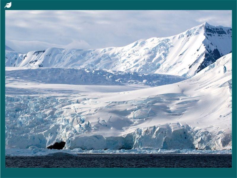 Snow-covered mountains and glaciers in Antarctica showing the effects of Antarctica climate change on melting ice and fragile wildlife ecosystems.