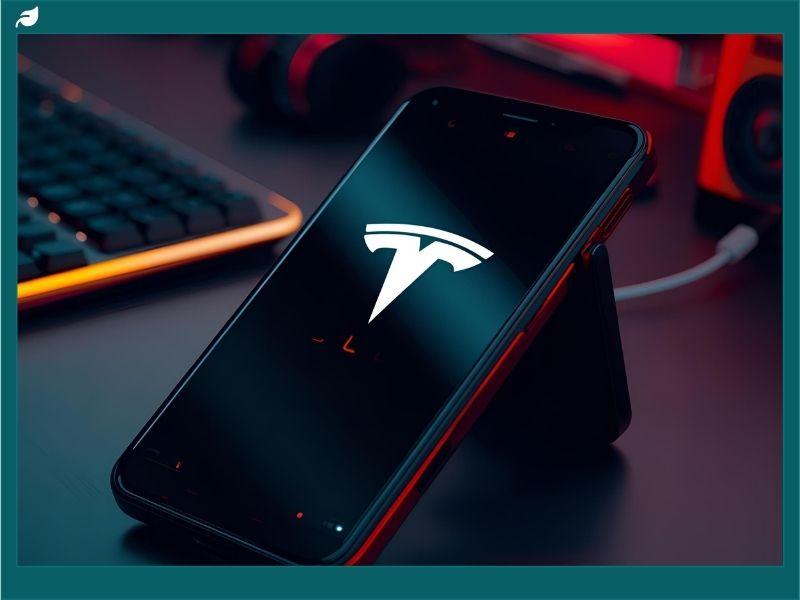 Tesla Pi Phone 2026 concept displayed on a sleek desk setup, showing a smartphone with the Tesla logo illuminated — representing Tesla’s rumored entry into the smartphone market and its integration with the brand’s smart technology ecosystem.