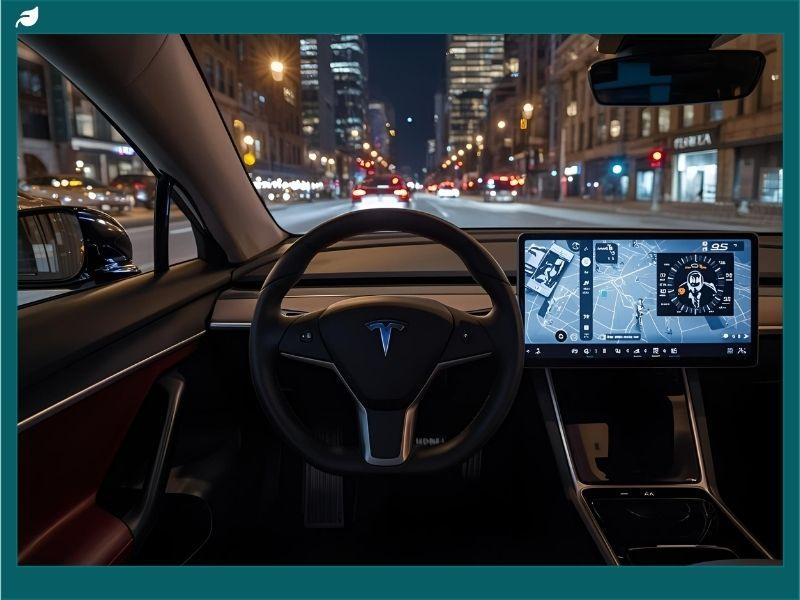 Interior view of a Tesla vehicle dashboard with a central touchscreen, used here to illustrate the upcoming Tesla Pi Phone 2026 smartphone launch and its integration into the Tesla ecosystem.