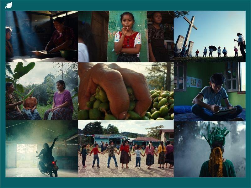 A collage of scenes depicting rural community life, including farming, storytelling, children learning, traditional dress, and collective celebration.