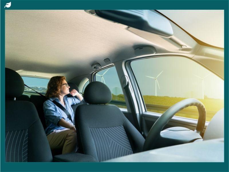 Person sitting inside a Tesla vehicle observing wind turbines through the window, symbolizing Tesla’s Full Self-Driving challenges in balancing autonomous driving innovation with sustainability and safety goals.