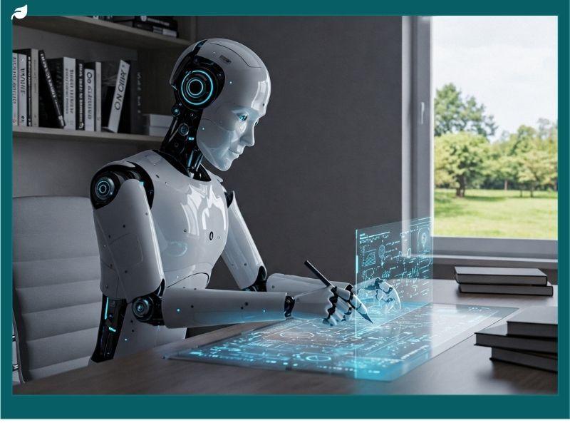 Tesla Optimus humanoid robot working at a desk with a digital interface, illustrating advanced artificial intelligence, precision tasks, and the future capabilities of the Tesla Optimus humanoid robot.