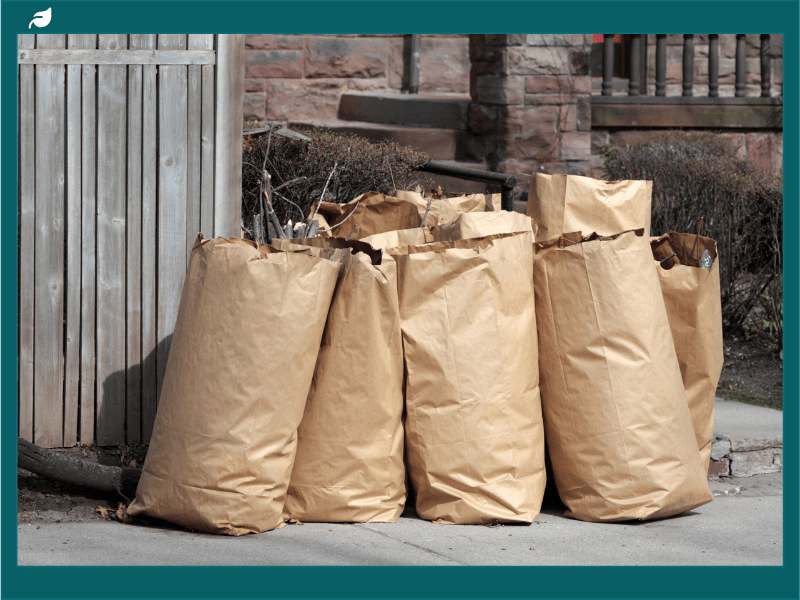 Biodegradable paper garbage bags filled with yard waste placed on a residential curb