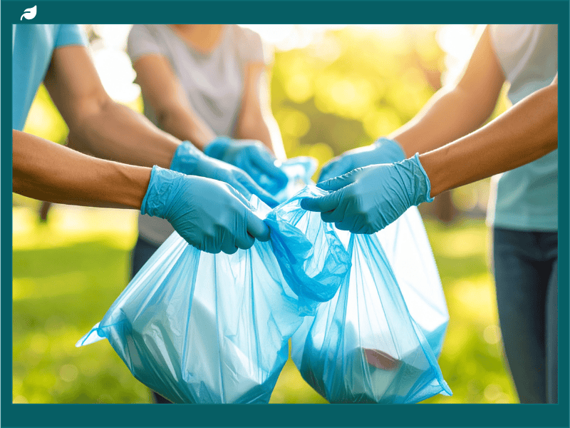 Volunteers holding biodegradable garbage bags during an outdoor community cleanup