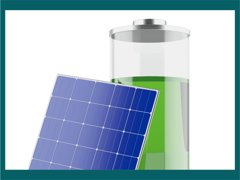 Solar panel charging a green home battery icon representing solar energy storage systems.
