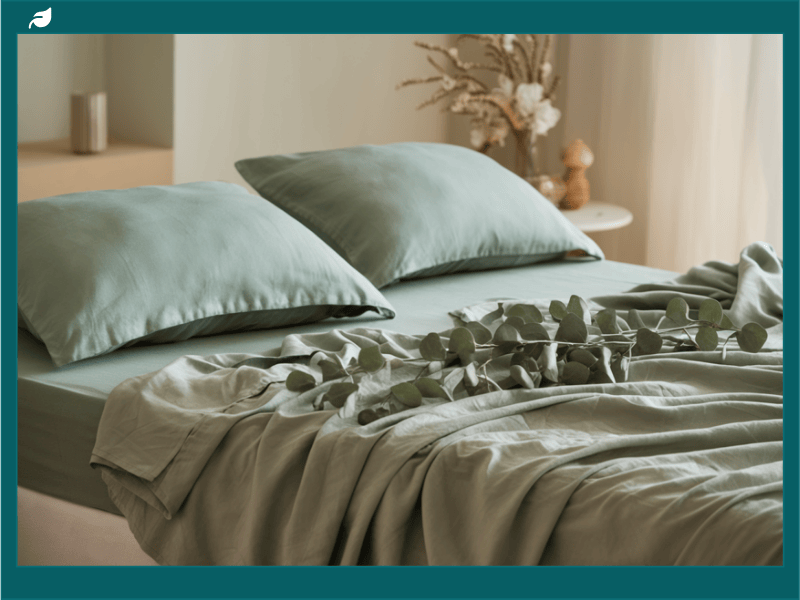 The image depicts a tranquil bedroom setting featuring a bed adorned with luxurious eucalyptus sheets that have a subtle sheen, complemented by a cooling comforter and supportive pillow, all under soft natural lighting that enhances a soothing atmosphere, with minimalistic decor in soft greens, whites, and earth tones reflecting eco-friendliness and sophistication, appealing to wellness and sustainability themes.