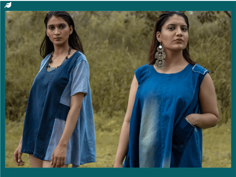 Two models wearing Muskan Mehan dress designs with recycled denim