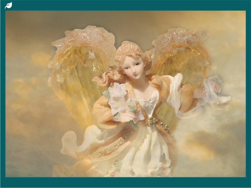 Golden winged angel figurine holding flowers amid soft clouds