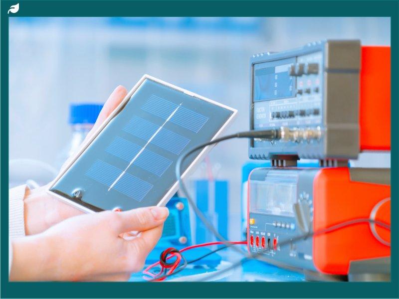 Hands holding solar panel connected to laboratory testing instruments