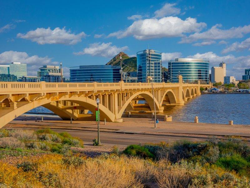 Salt River at Tempe Lake with Tempe Skyline. Arizona