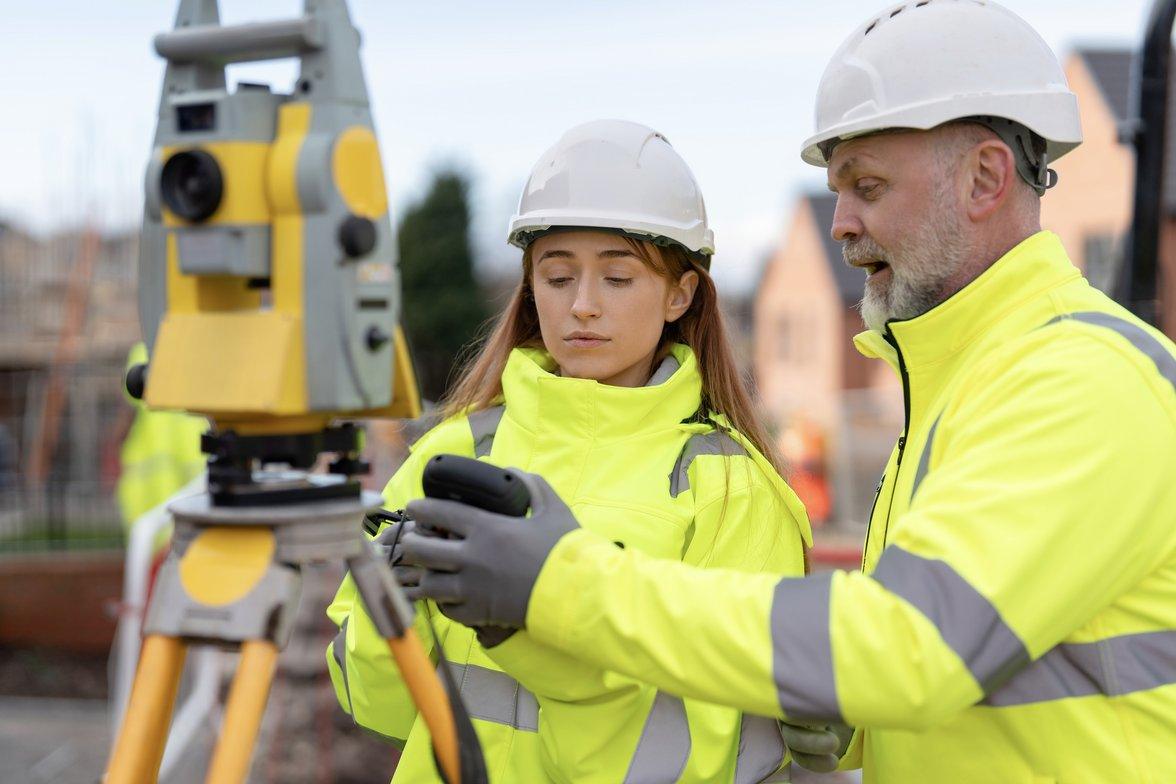 Construction professionals in hard hats and hi-vis jackets reviewing site data with surveying equipment nearby