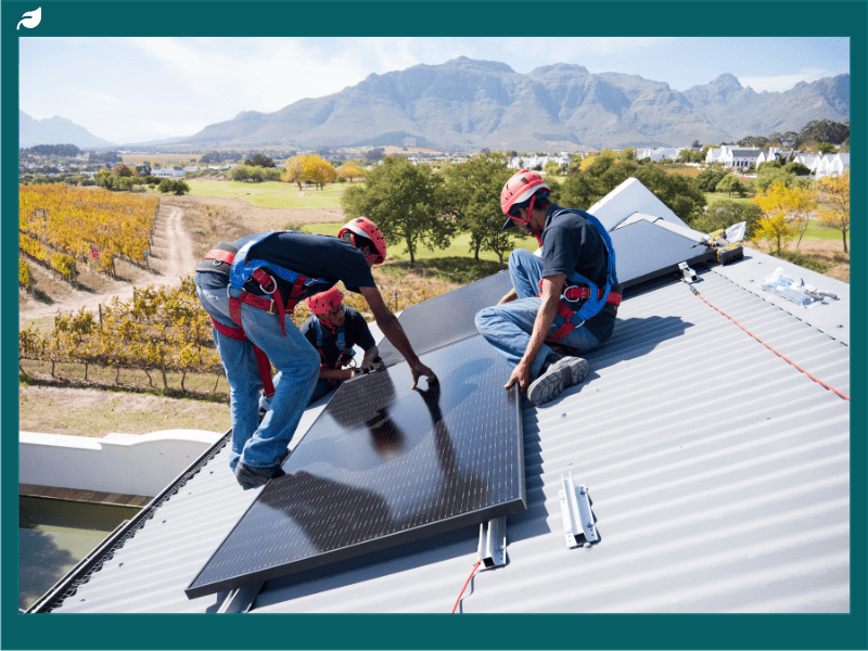 Skilled workers connect and install solar panels