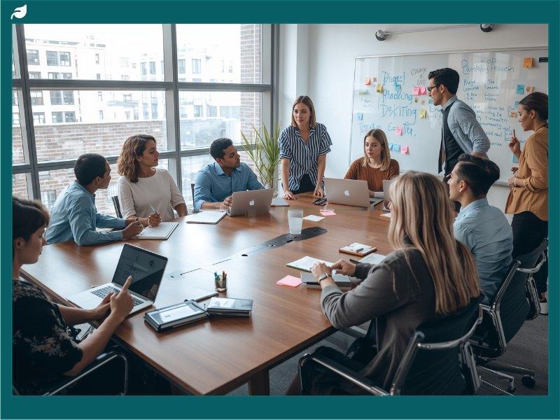 Team meeting around a conference table with laptops and whiteboard