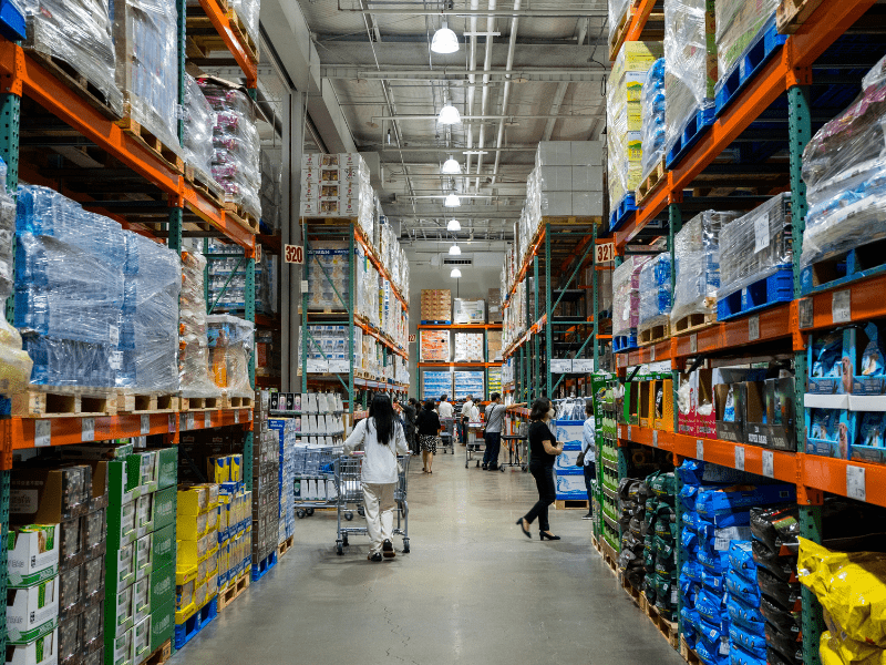 A shopping aisle inside a Costco warehouse store
