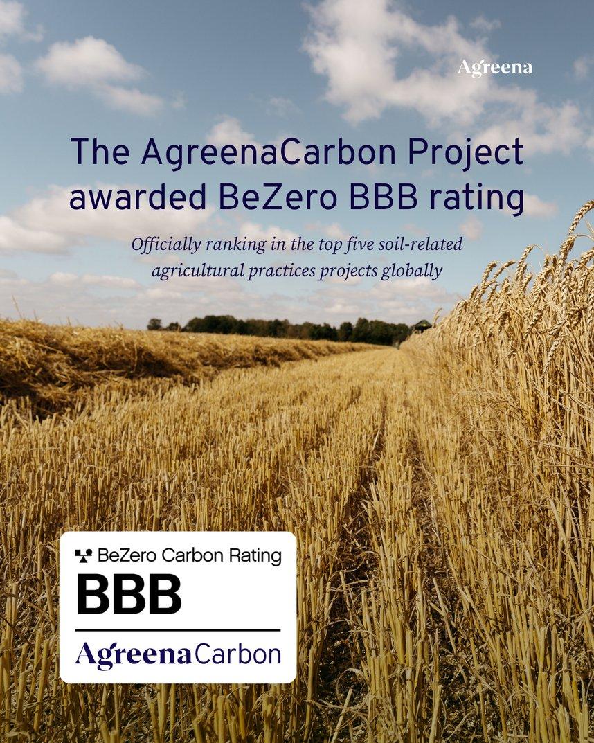 Golden harvested field with AgreenaCarbon Project BeZero BBB rating overlay