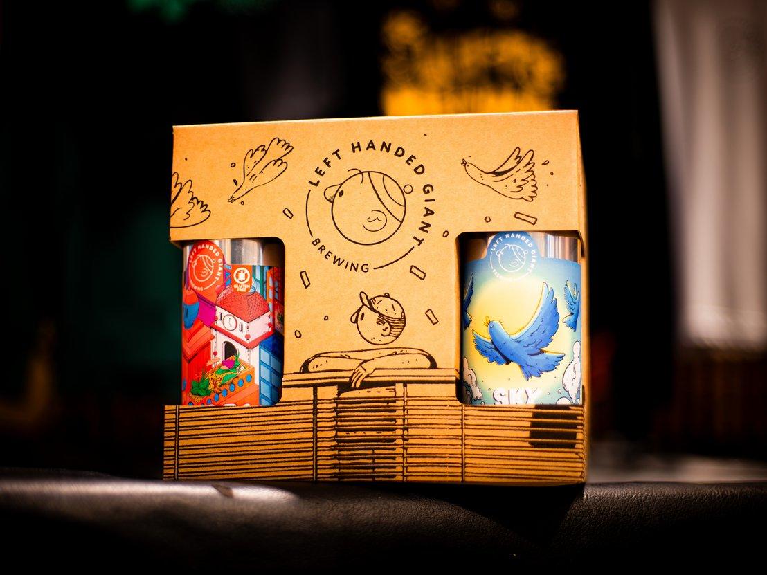 Two-pack beer box from Left Handed Giant Brewing Co. showing BoxWay corrugated packaging design