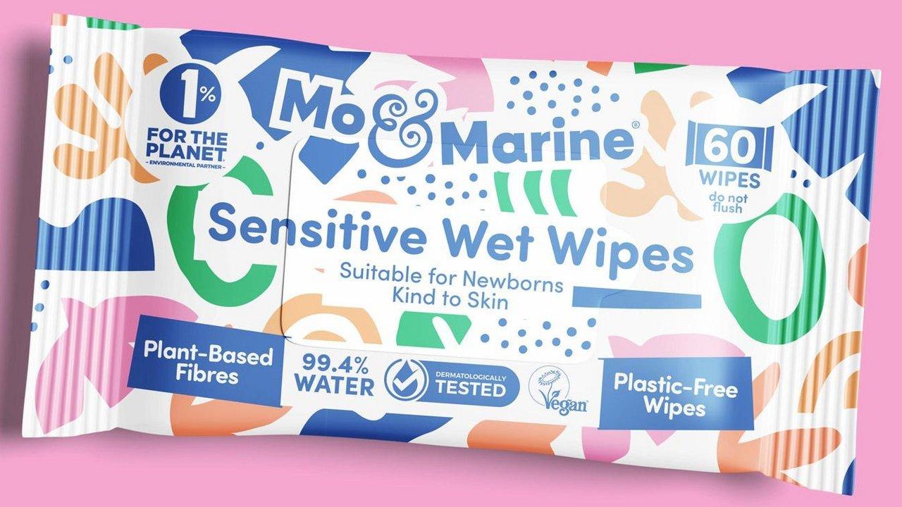 Mo & Marine Sensitive Wet Wipes packet angled against a pink background