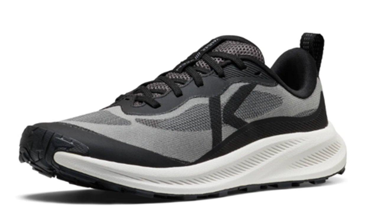 Gray and black athletic running shoe with a white cushioned sole.
