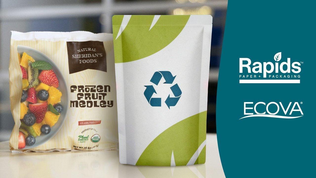 Frozen fruit medley bag beside a recyclable white-and-green pouch with Rapids and ECOVA logos