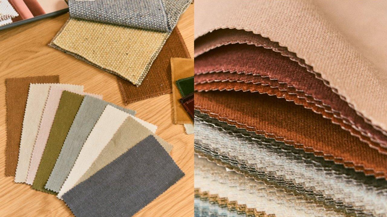 Assorted fabric swatches in neutral, green and brown tones on a wooden surface.