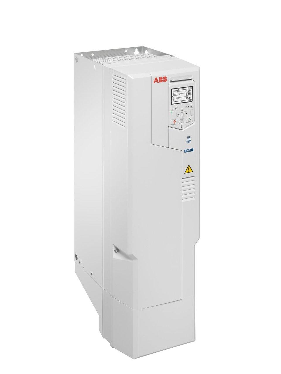 ABB variable speed drive with digital control panel and high-voltage warning symbol.