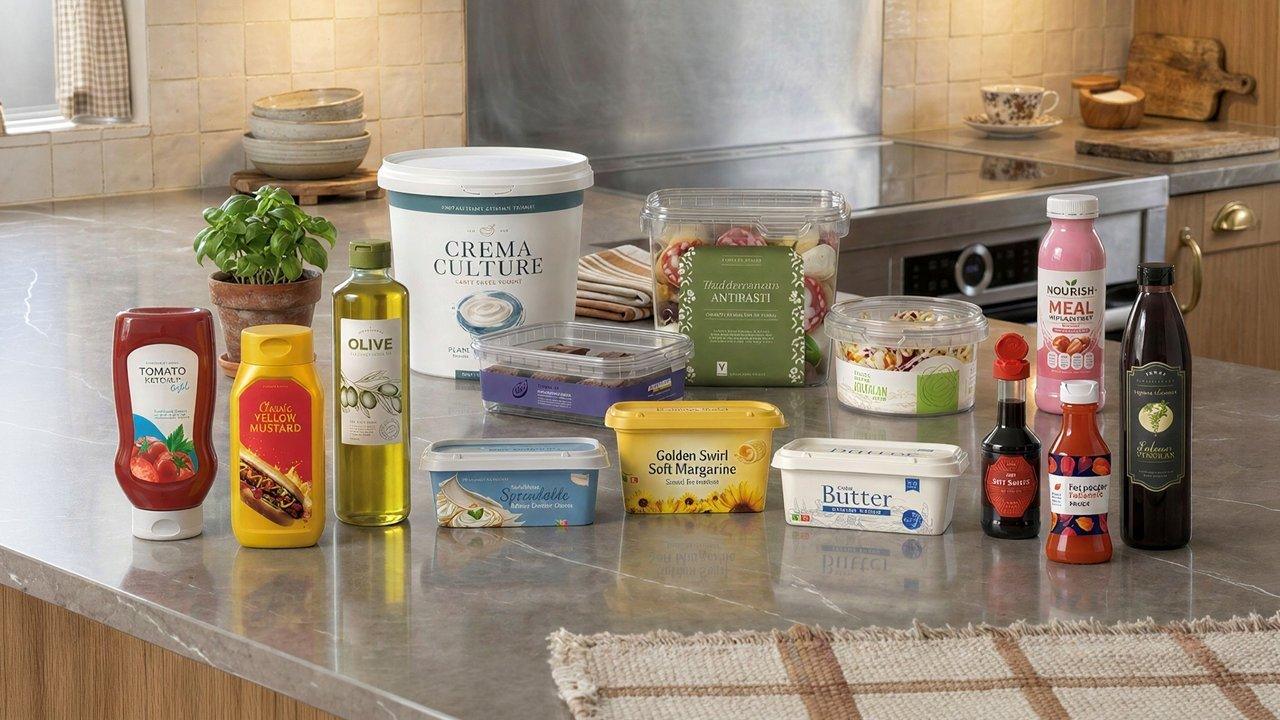 Assorted food and drink products in plastic packaging on a kitchen counter