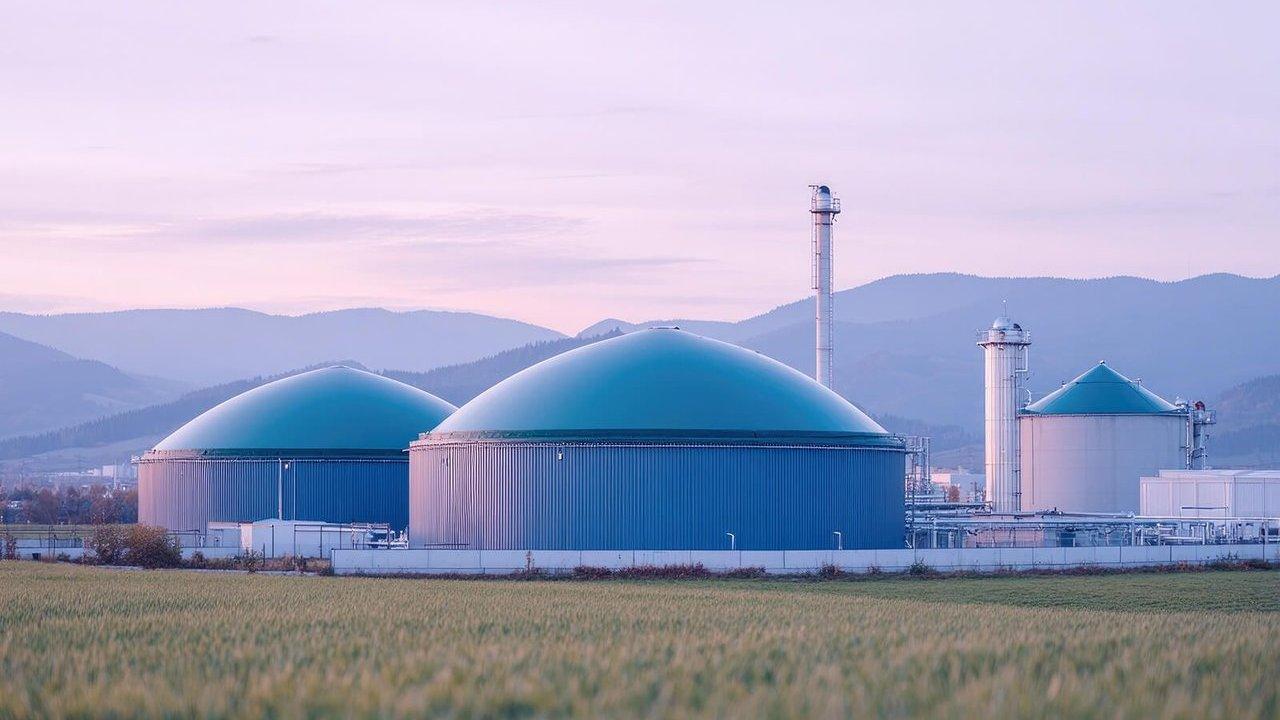 Two green-domed biogas tanks and industrial equipment beside a field, with hills in the background.