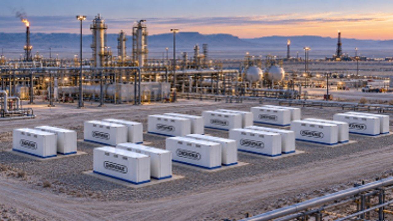 Rows of white battery storage units at an oil refinery at sunset.