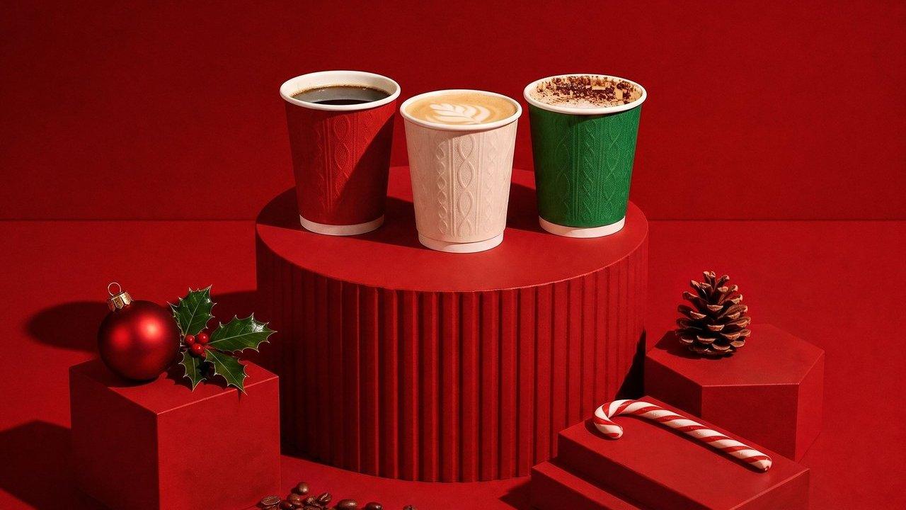 Three festive red, white and green paper cups of hot drinks with Christmas decorations on red plinths.