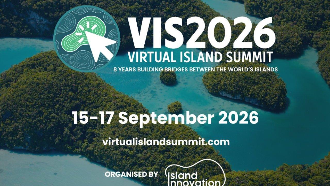 Virtual Island Summit 2026 announcement over aerial view of tropical islands and turquoise water