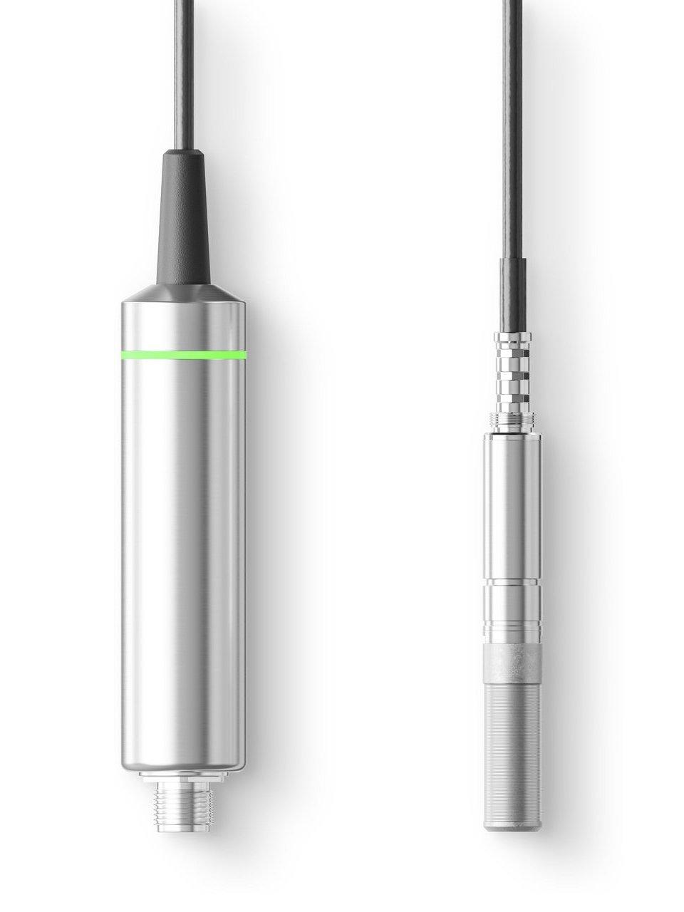 Two stainless steel Vaisala relative humidity and temperature probes with black cables.