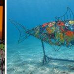 Colorful fish-shaped wire sculptures, shown indoors and underwater on the seabed.