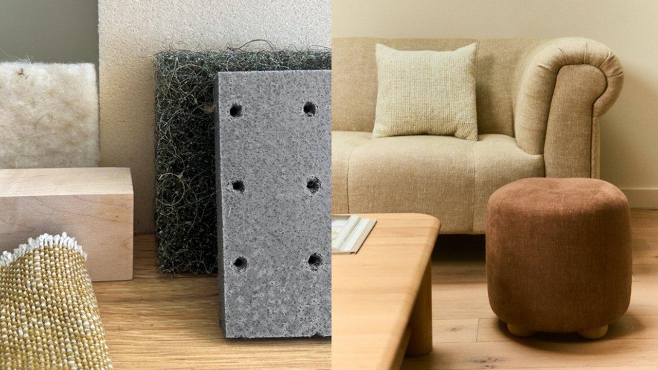 Split image of insulation materials beside a beige armchair, coffee table and brown ottoman.