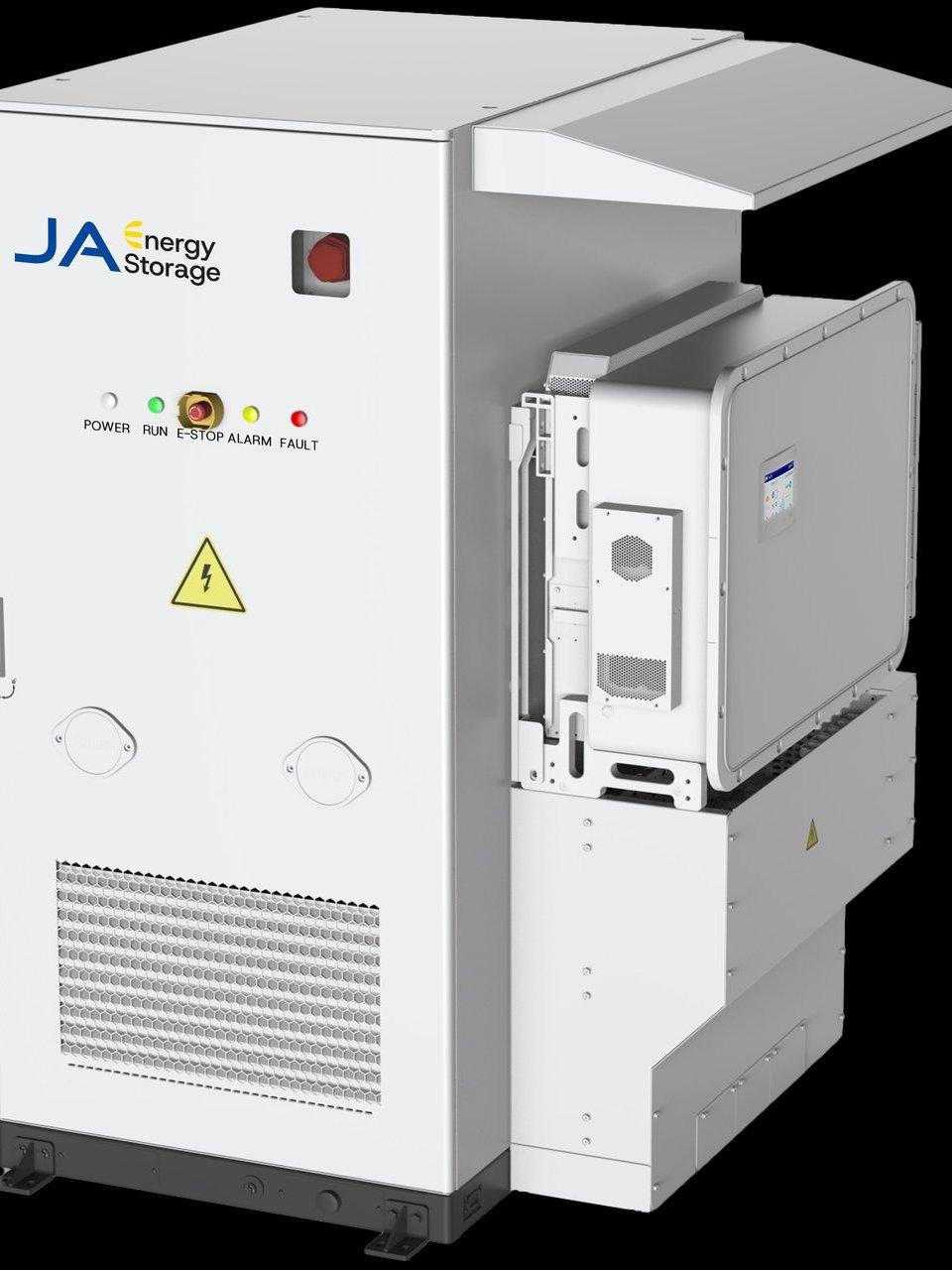 JA Energy Storage battery cabinet with an open side compartment and control indicators.