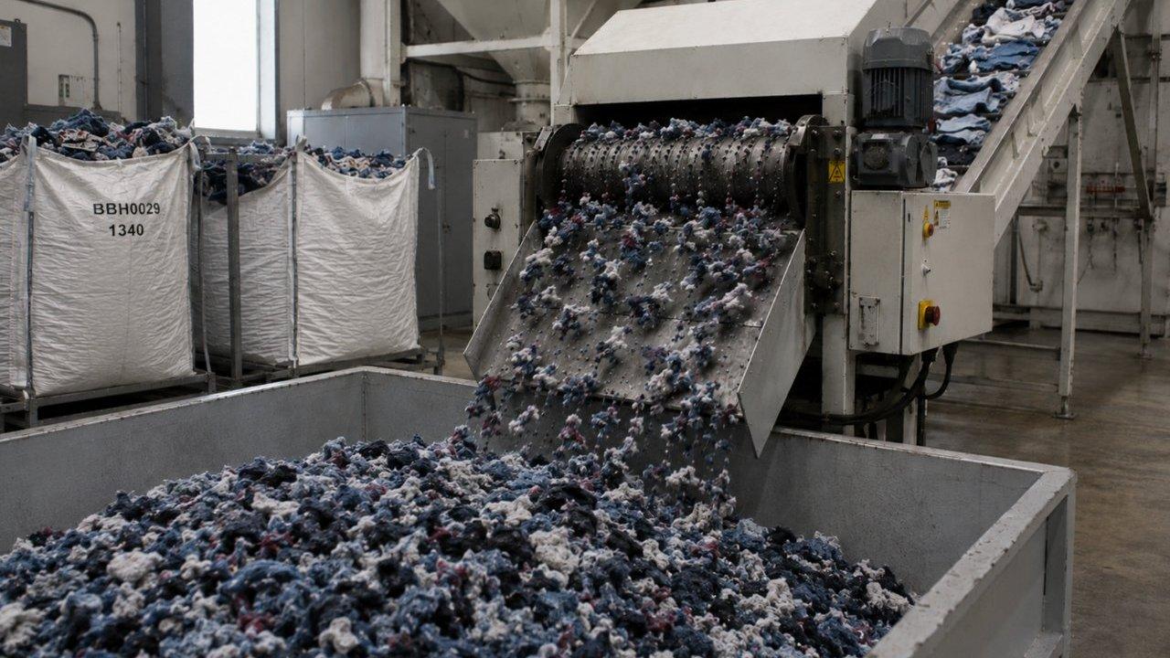 Textile scraps moving through an industrial shredding machine into a collection bin.