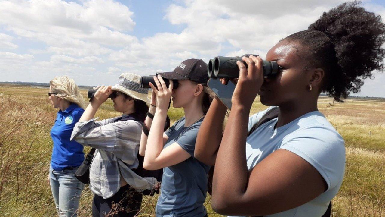 Four women use binoculars to observe a grassy wetland under a cloudy sky.