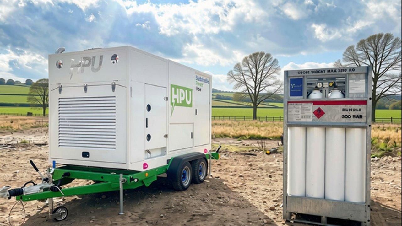 Trailer-mounted hydrogen power unit beside a 300-bar hydrogen cylinder bundle in a field