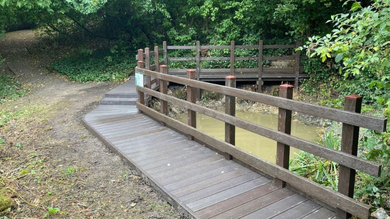 A wooden boardwalk with railings beside a small pond in a wooded area.